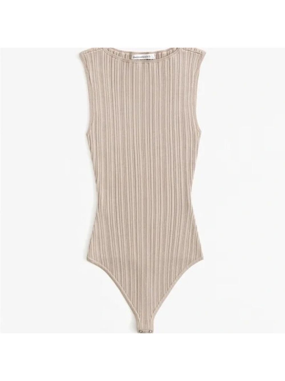 Abercrombie & Fitch Glossy Slash Ribbed Knit Stretchy High Neck Bodysuit Taupe